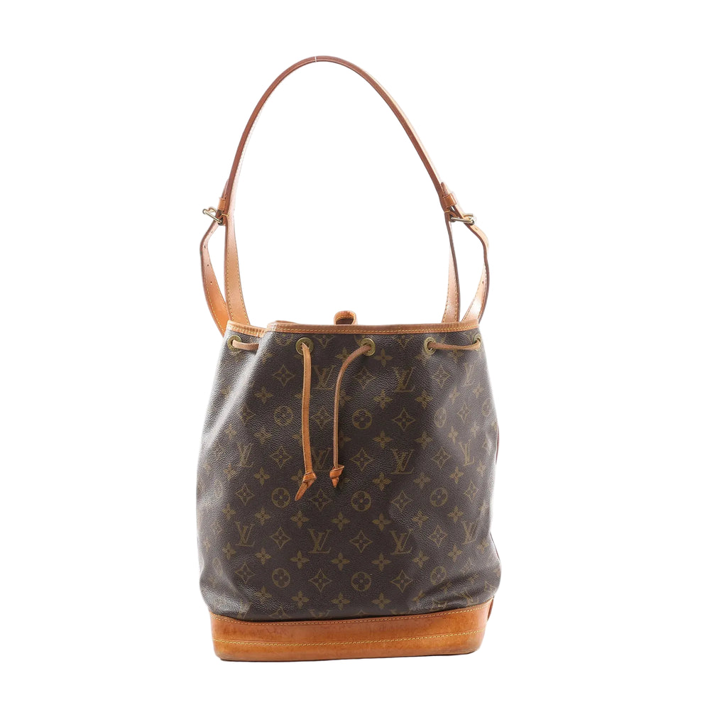 Louis Vuitton Noé brown Monogram canvas bucket shoulder bag with vachetta leather base and trim, drawstring closure with leather ties, and an adjustable vachetta shoulder strap, shown on a white background.