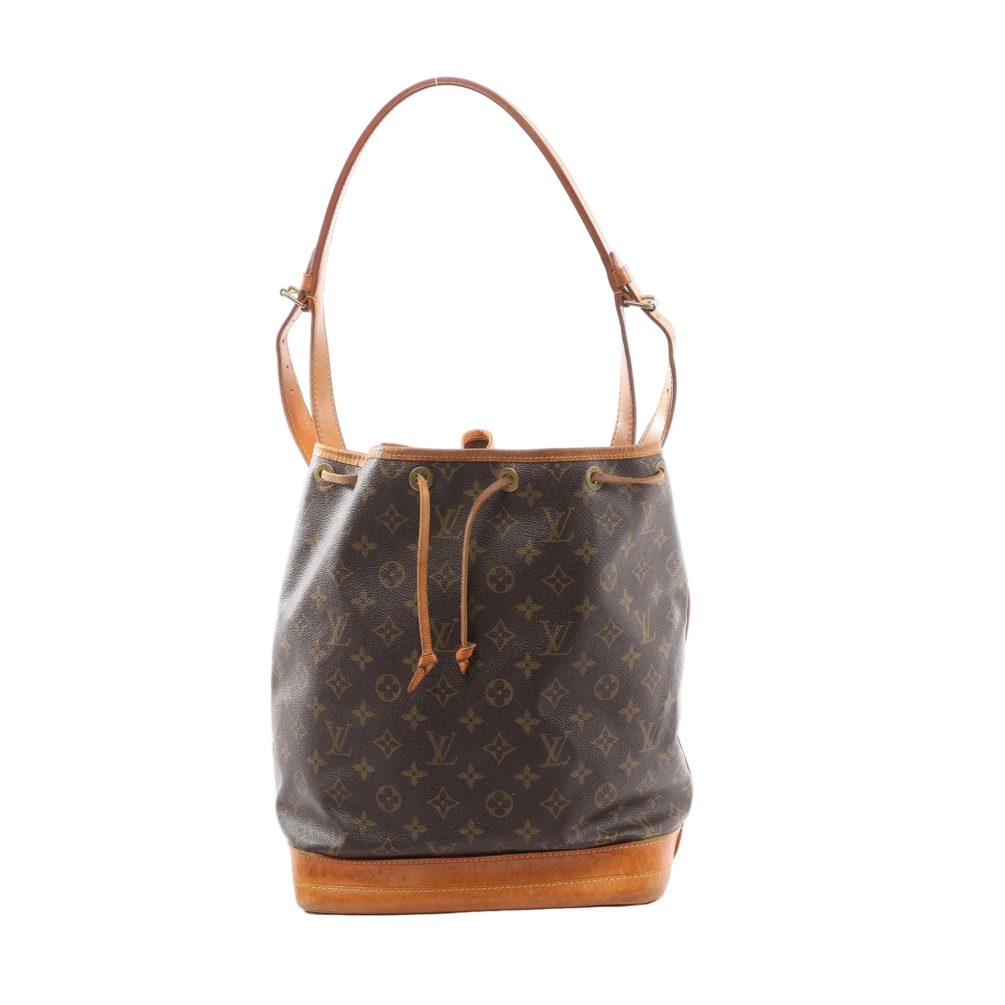 Louis Vuitton Noé brown Monogram canvas bucket shoulder bag with vachetta leather base and trim, drawstring closure with leather ties, and an adjustable vachetta shoulder strap, shown on a white background.