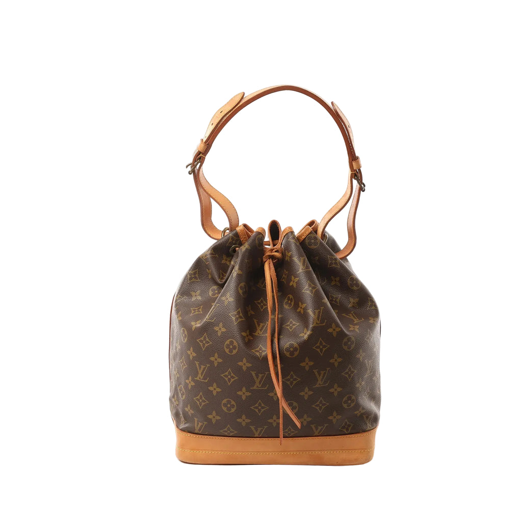 Louis Vuitton Noé Monogram canvas bucket shoulder bag with vachetta leather trim, drawstring closure, and adjustable leather shoulder strap