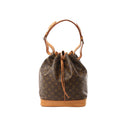 Louis Vuitton Noé Monogram canvas bucket shoulder bag with vachetta leather trim, drawstring closure, and adjustable leather shoulder strap