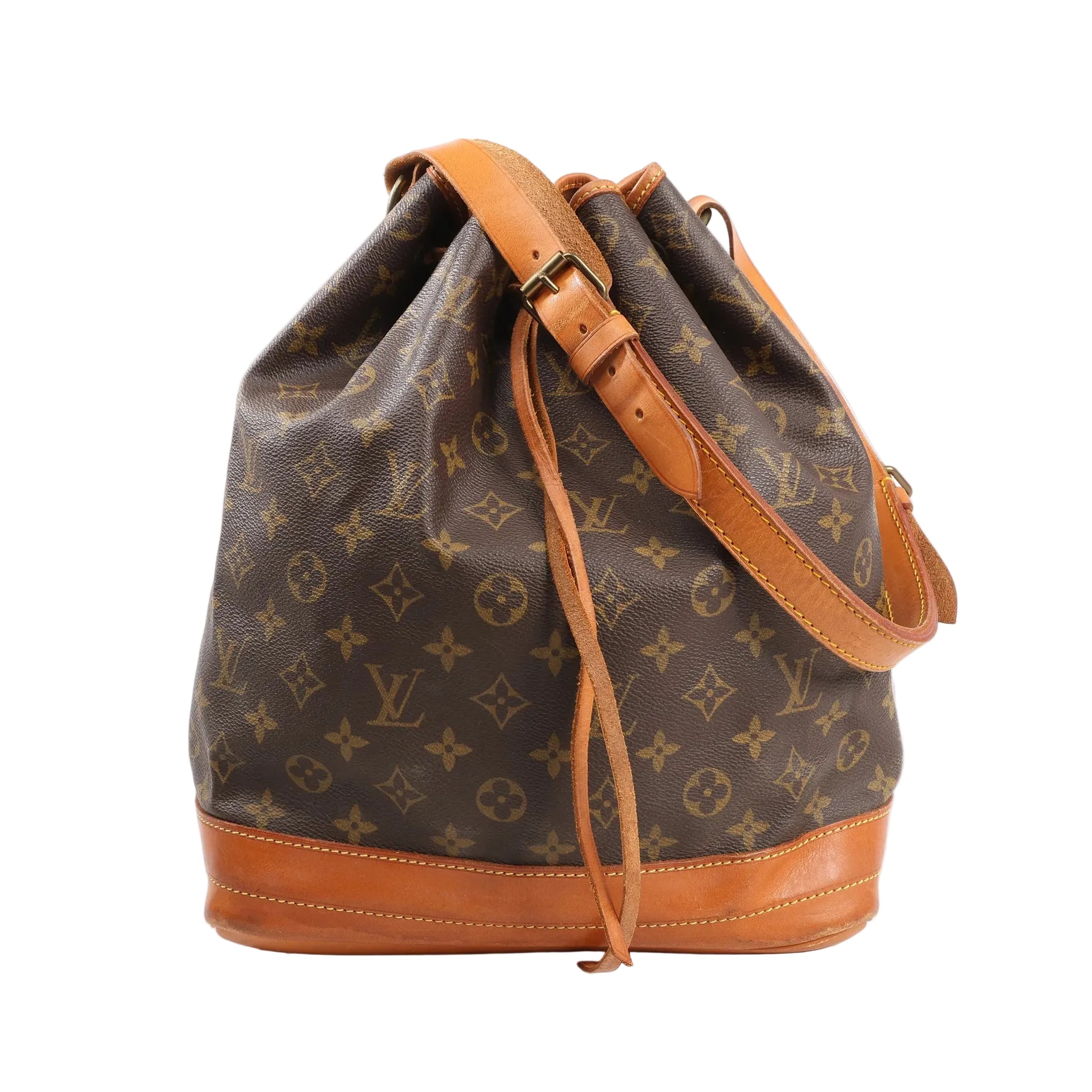 Louis Vuitton Noé shoulder bag in brown Monogram canvas with natural leather trim, adjustable shoulder strap, and drawstring top in classic bucket shape.