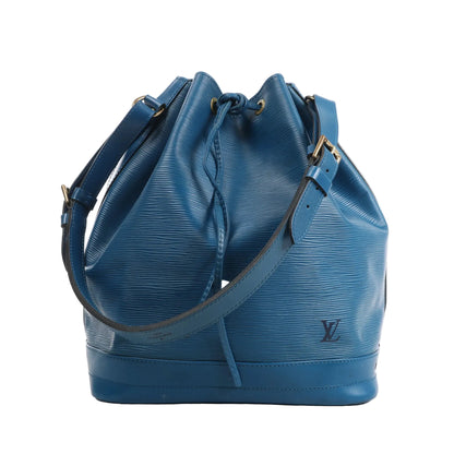 Front view of a Louis Vuitton Noé shoulder bag in blue Epi leather, featuring a textured finish, drawstring closure, and adjustable leather strap with gold-tone hardware.