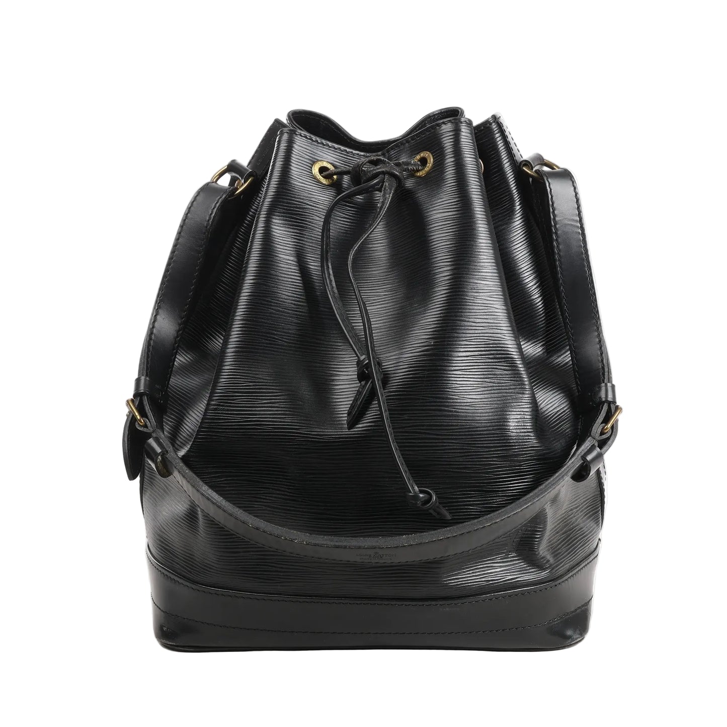 Louis Vuitton Noé M59002 shoulder bag in textured black Epi leather with a drawstring closure, gold-tone eyelets, and an adjustable leather strap.