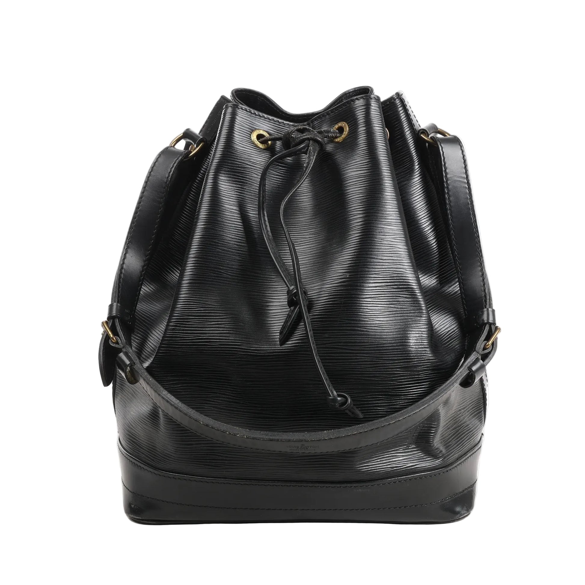 Louis Vuitton Noé M59002 shoulder bag in textured black Epi leather with a drawstring closure, gold-tone eyelets, and an adjustable leather strap.