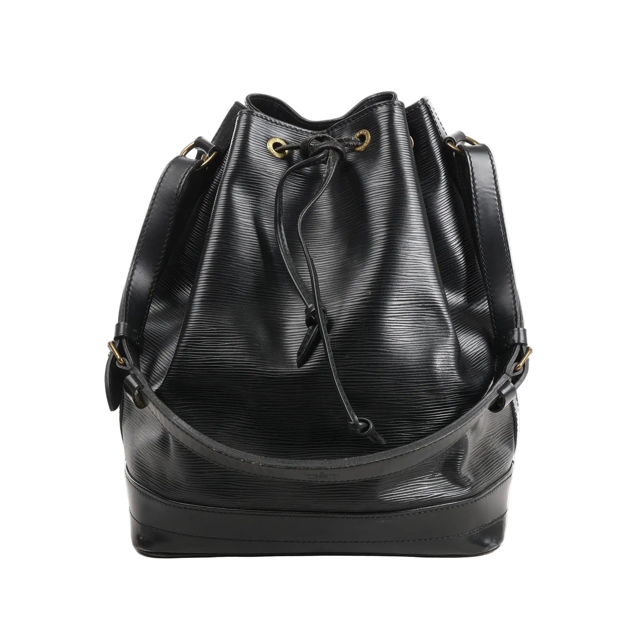 Louis Vuitton Noé M59002 shoulder bag in textured black Epi leather with a drawstring closure, gold-tone eyelets, and an adjustable leather strap.