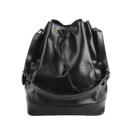 Louis Vuitton Noé M59002 shoulder bag in textured black Epi leather with a drawstring closure, gold-tone eyelets, and an adjustable leather strap.
