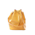 Louis Vuitton Noé bucket shoulder bag in yellow Epi textured leather with drawstring closure, adjustable shoulder strap, and yellow leather base, front view on white background