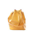 Louis Vuitton Noé bucket shoulder bag in yellow Epi textured leather with drawstring closure, adjustable shoulder strap, and yellow leather base, front view on white background