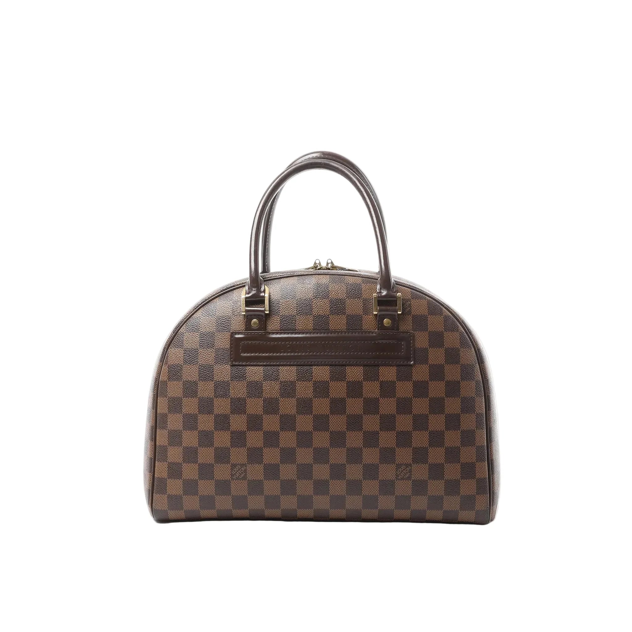 Louis Vuitton Nolita handbag in brown Damier Ebene checkerboard canvas with dome silhouette, double top handles, and zip-top closure.