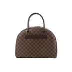 Louis Vuitton Nolita handbag in brown Damier Ebene check canvas with dark leather top handles, zip-top closure, and a front leather nameplate on a white background.