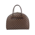 Louis Vuitton Nolita handbag in brown Damier Ebene check canvas with dark leather top handles and zip-top closure on white background