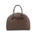Louis Vuitton Nolita handbag in brown Damier Ebene check canvas with dark leather top handles and zip-top closure on white background