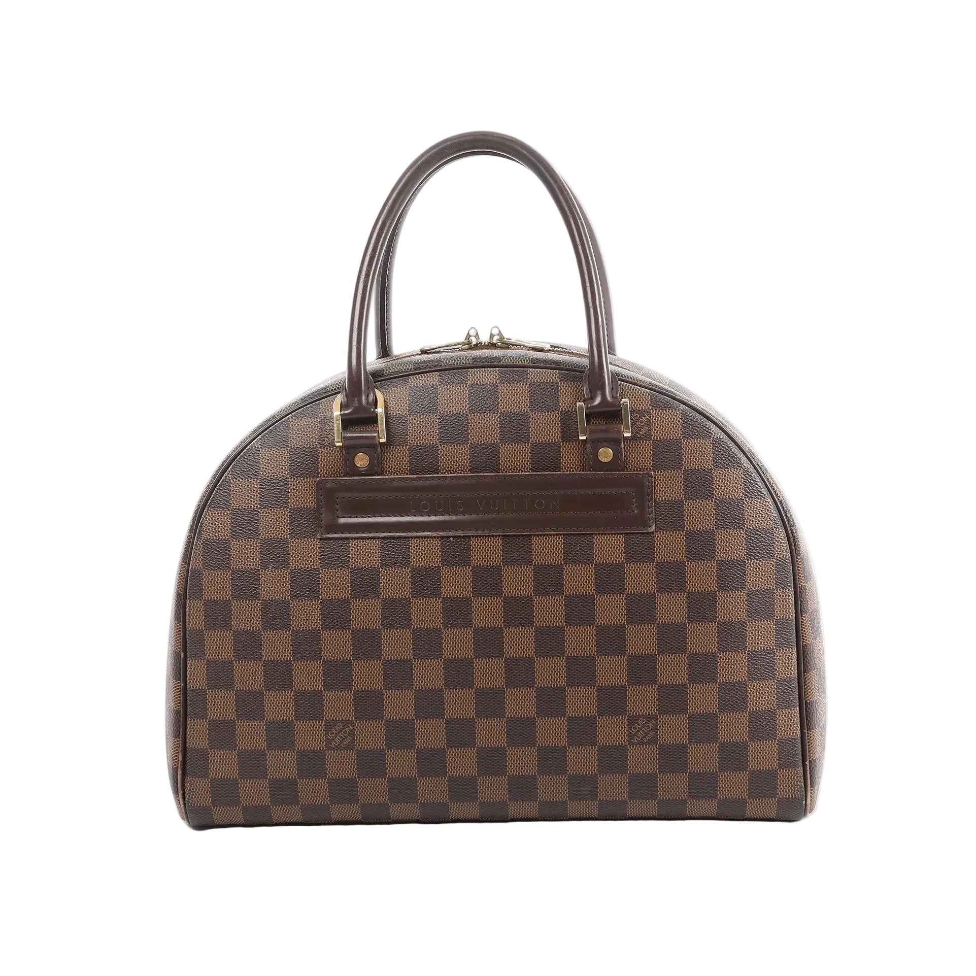 Louis Vuitton Nolita handbag in brown Damier Ebene check canvas with dark leather top handles and zip-top closure on white background