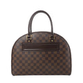 Front view of Louis Vuitton Nolita handbag in brown Damier Ebene canvas with dark leather top handles, gold-tone hardware, and front leather logo patch.