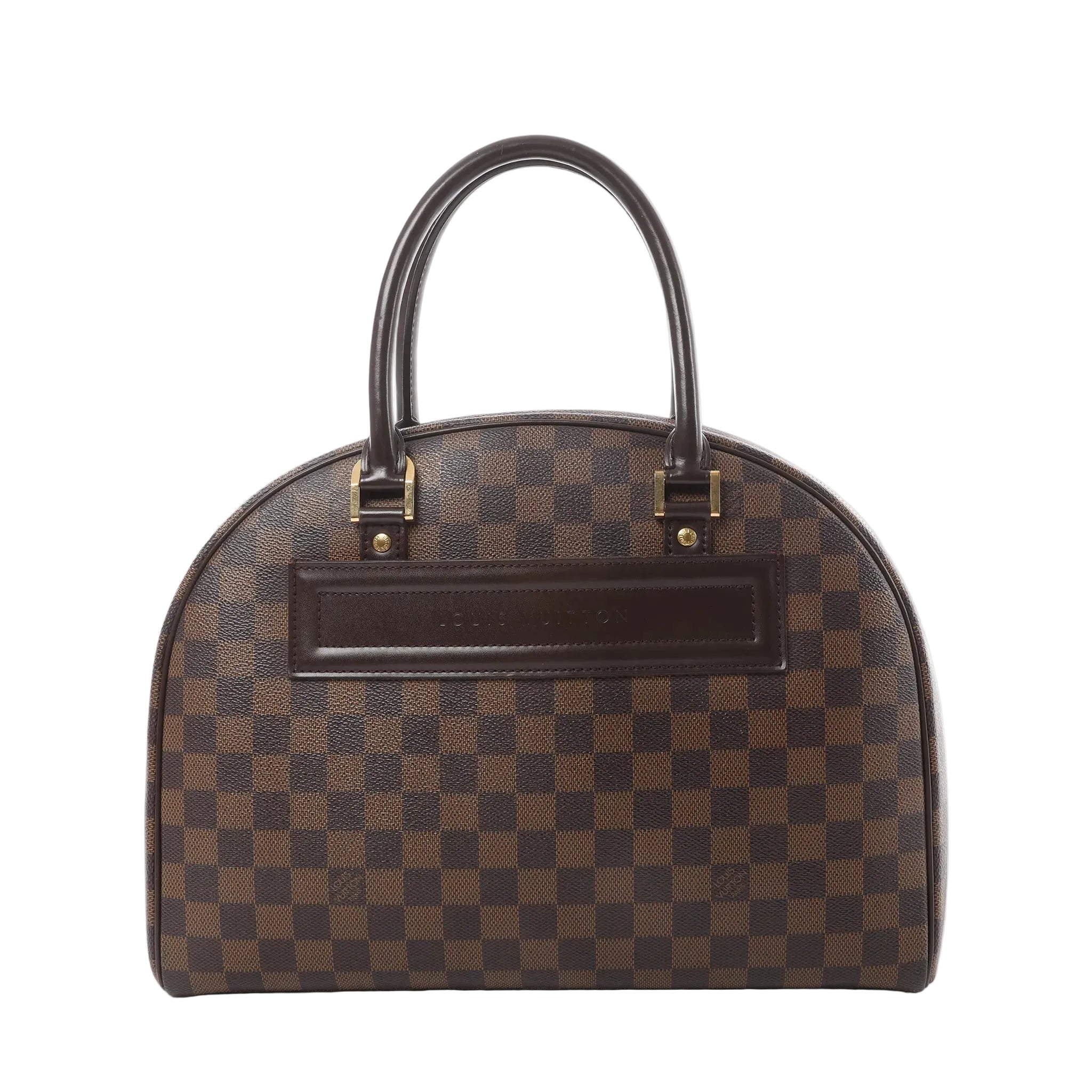 Front view of Louis Vuitton Nolita handbag in brown Damier Ebene canvas with dark leather top handles, gold-tone hardware, and front leather logo patch.