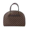Louis Vuitton Nolita Damier Ebene handbag in brown checkered canvas with dark leather top handles and gold-tone hardware, front view on white background.