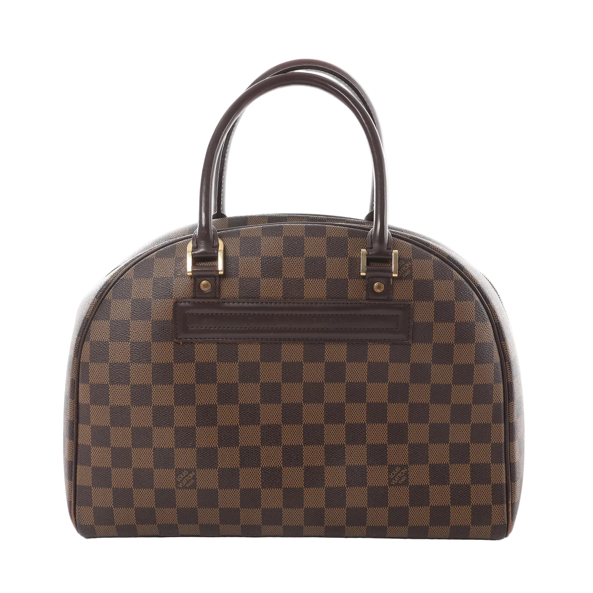 Louis Vuitton Nolita Damier Ebene handbag in brown checkered canvas with dark leather top handles and gold-tone hardware, front view on white background.