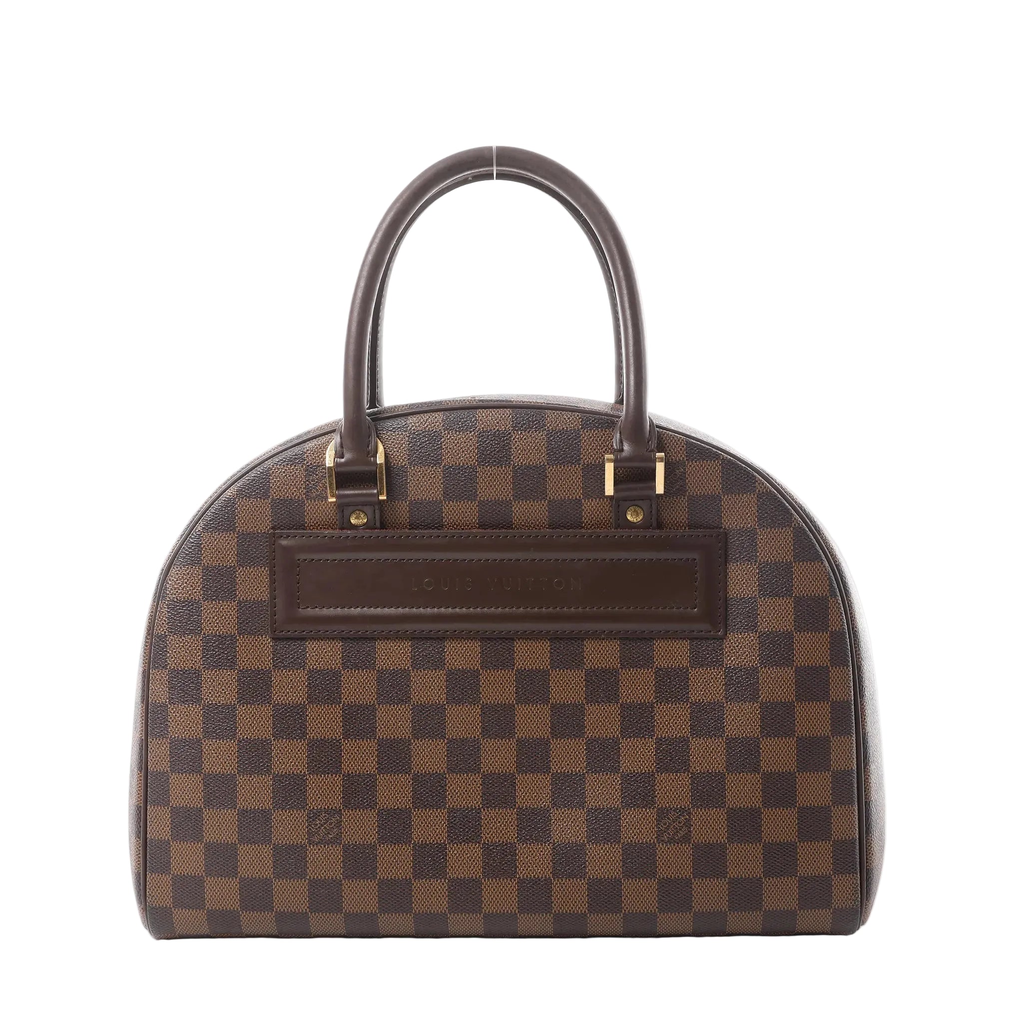 Louis Vuitton Nolita Damier Ebene brown checkered handbag with dark brown leather top handles, leather front nameplate, and gold-tone hardware on white background