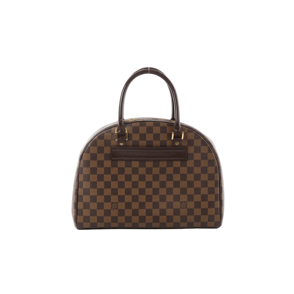 Brown checkered Louis Vuitton Damier Ebene Nolita handbag with dark brown leather top handles and gold-tone hardware on a white background.