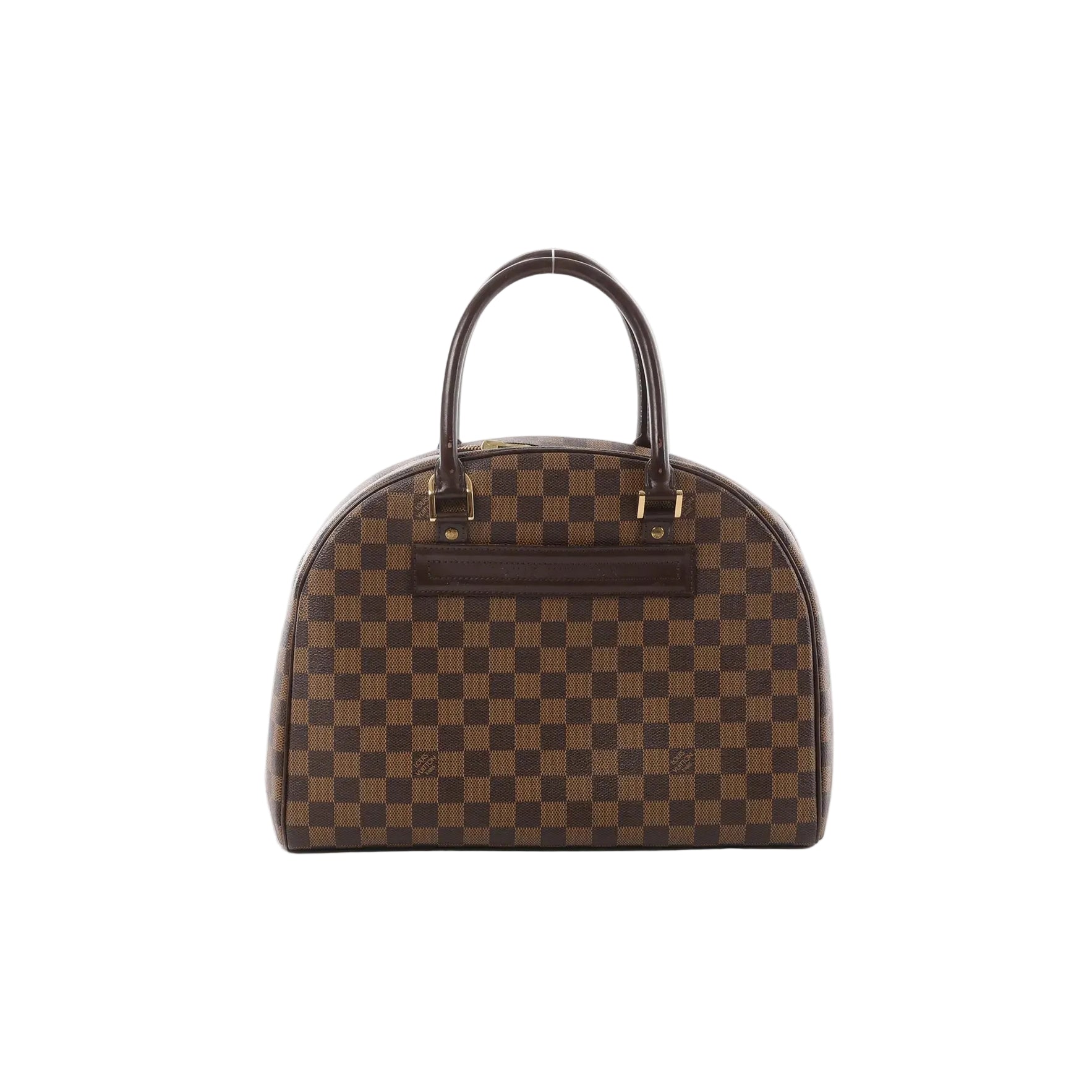 Brown checkered Louis Vuitton Damier Ebene Nolita handbag with dark brown leather top handles and gold-tone hardware on a white background.