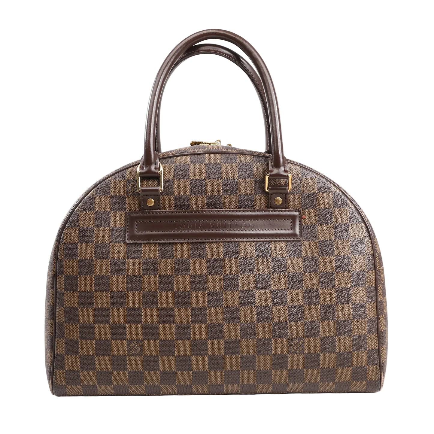 Louis Vuitton Nolita handbag in brown Damier Ebene canvas with dual rolled leather handles, gold-tone hardware, and a rounded silhouette, displayed on a white background.