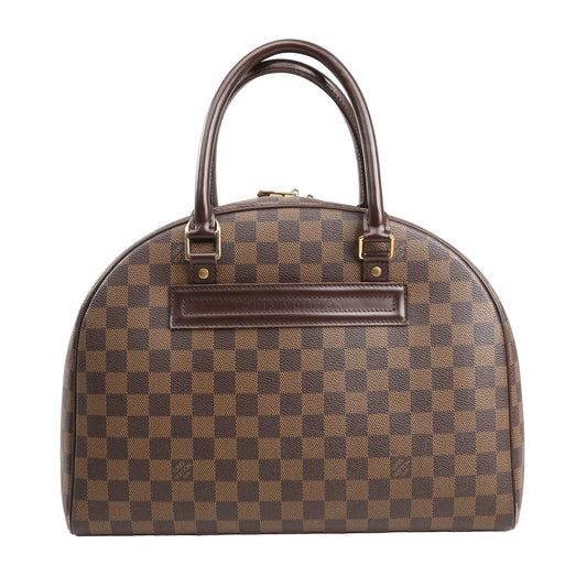 Louis Vuitton Nolita handbag in brown Damier Ebene canvas with dual rolled leather handles, gold-tone hardware, and a rounded silhouette, displayed on a white background.