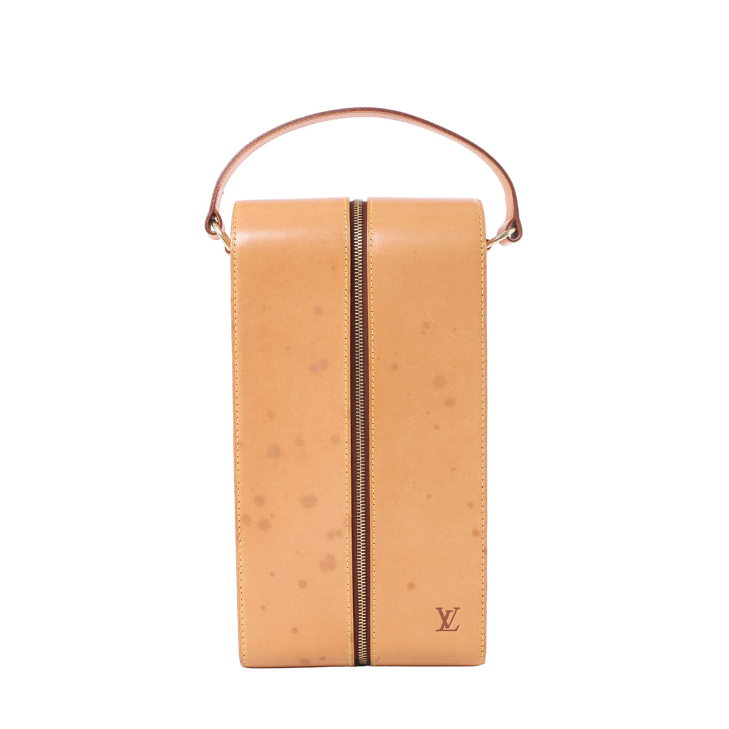 Louis Vuitton brown leather wine clutch with tall rectangular shape, central gold-tone zipper, slim top handle and small LV logo.