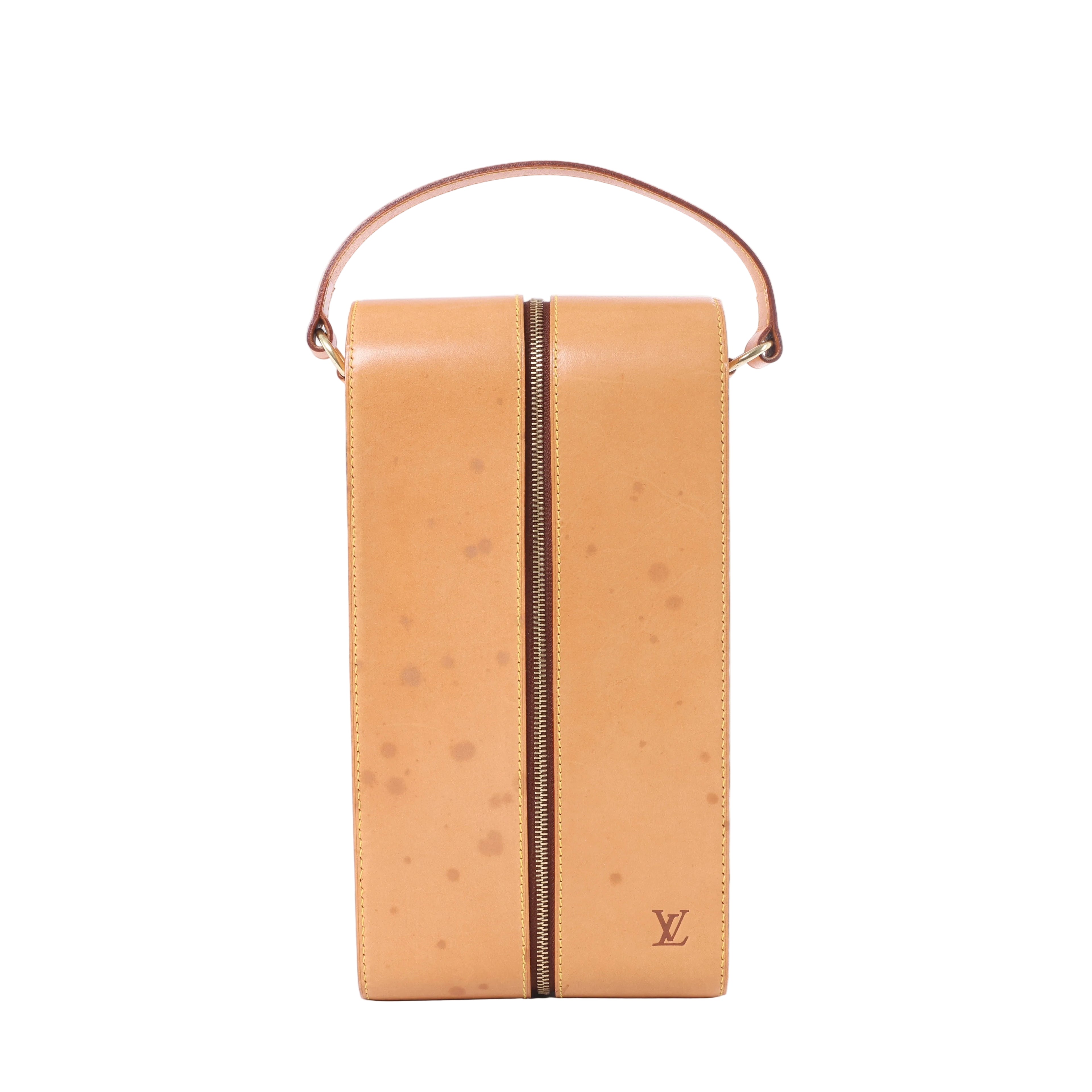 Louis Vuitton brown leather wine clutch with tall rectangular shape, central gold-tone zipper, slim top handle and small LV logo.
