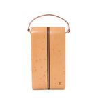 Louis Vuitton brown leather wine clutch with tall rectangular shape, central gold-tone zipper, slim top handle and small LV logo.
