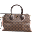 Louis Vuitton Normandy Damier Ebene 2Way handbag in brown checkered canvas with dark leather top handles, gold-tone hardware, pink leather side panels, and a detachable shoulder strap, shown on a white background.