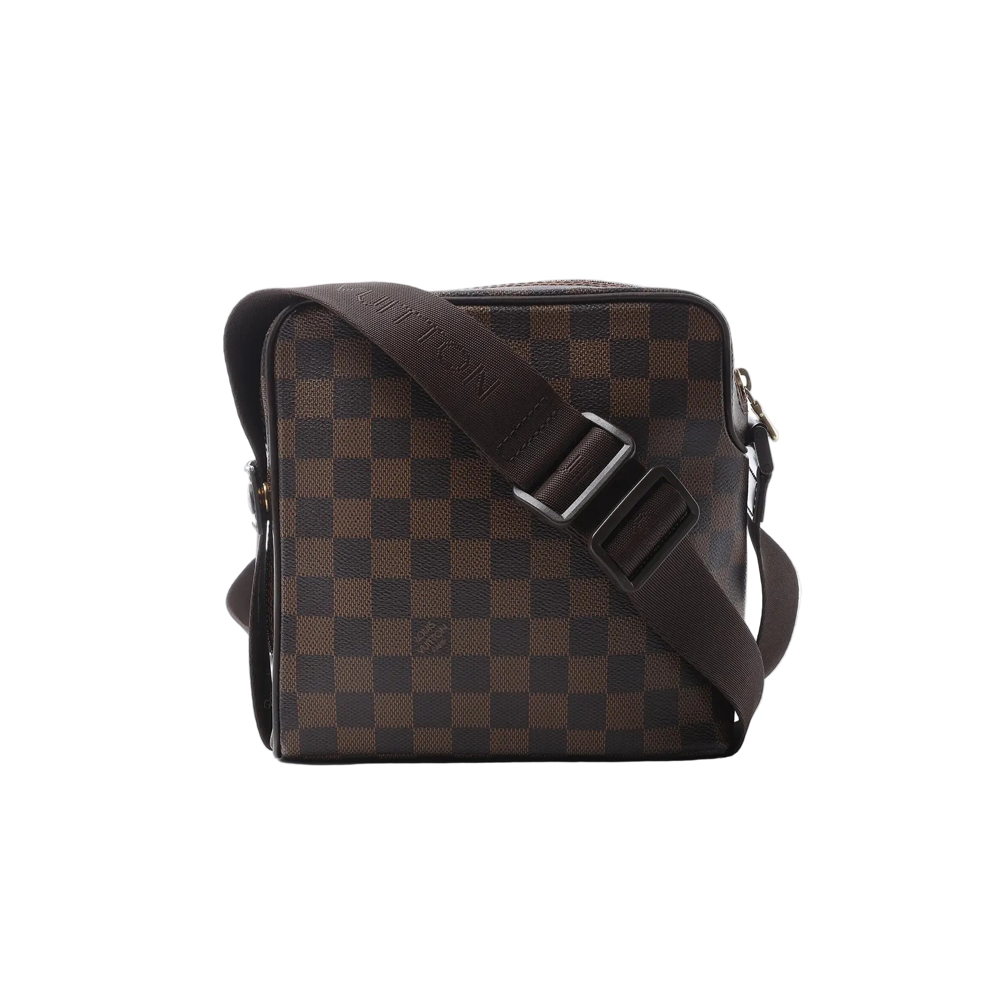Louis Vuitton Olav PM crossbody bag in brown Damier Ebene canvas with leather trim, top zip closure and an adjustable logo strap.