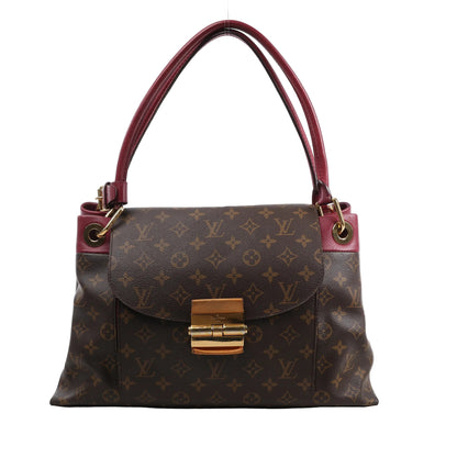 Louis Vuitton Monogram Olympe Shoulder Bag in brown and purple, featuring LV monogram canvas, burgundy leather handles and trim, gold-tone clasp closure, and structured design, displayed on a white background.