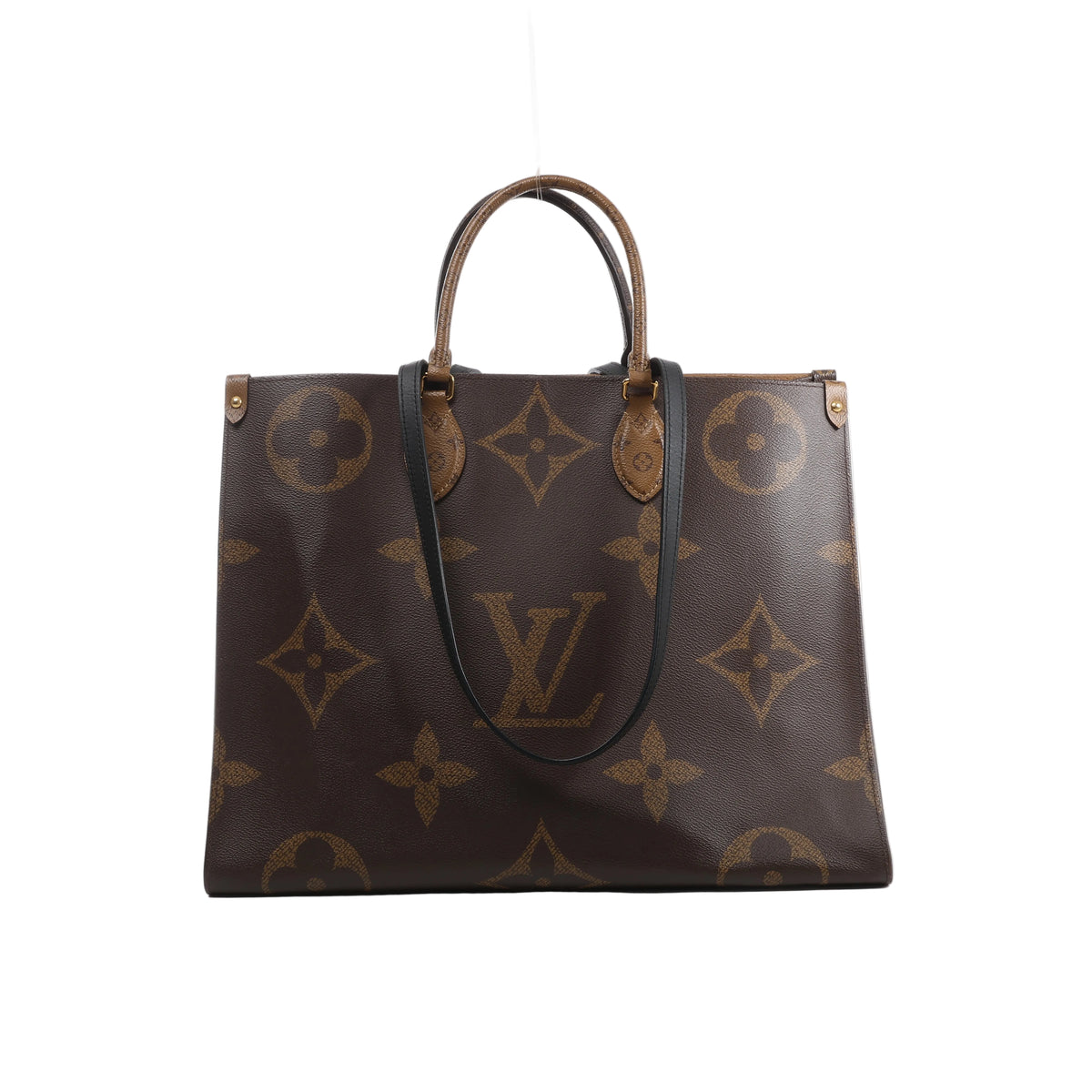 Front view of Louis Vuitton OntheGo GM brown Giant Monogram tote with contrasting Monogram Reverse top handles and long black shoulder straps.