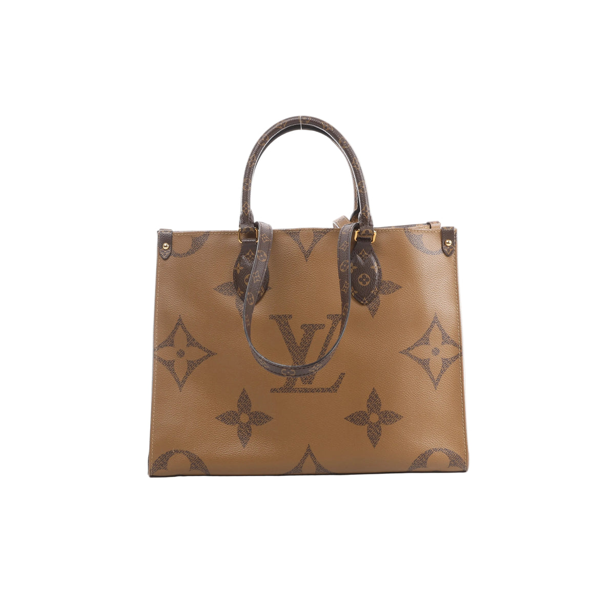 Front view of Louis Vuitton OntheGo MM in brown Giant Monogram Reverse with dark Monogram top handles, long shoulder straps and gold-tone hardware.