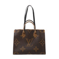 Front view of a brown Louis Vuitton OnTheGo tote with oversized Monogram motifs, rolled top handles, long black shoulder straps and gold-tone fittings.