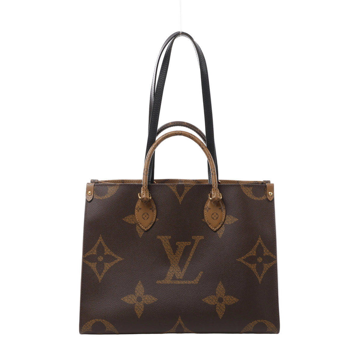 Front view of a brown Louis Vuitton OnTheGo tote with oversized Monogram motifs, rolled top handles, long black shoulder straps and gold-tone fittings.
