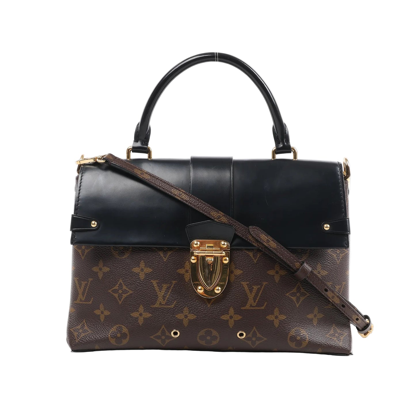 Louis Vuitton One Handle Flap Bag MM M43125 featuring brown Monogram canvas, smooth black leather top flap, gold-tone push-lock closure, black top handle, and detachable shoulder strap, displayed against a white background.