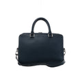 Front view of Louis Vuitton Porte-Documents Business MM in navy blue textured leather with rounded top handles, silver-tone hardware and a shoulder strap.