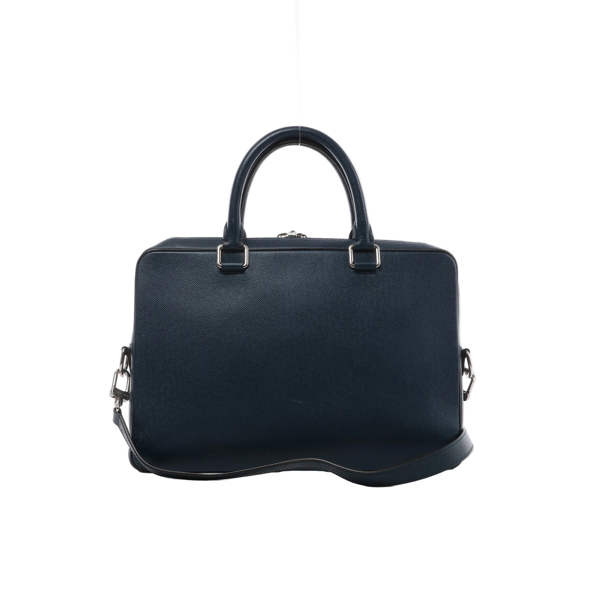 Front view of Louis Vuitton Porte-Documents Business MM in navy blue textured leather with rounded top handles, silver-tone hardware and a shoulder strap.