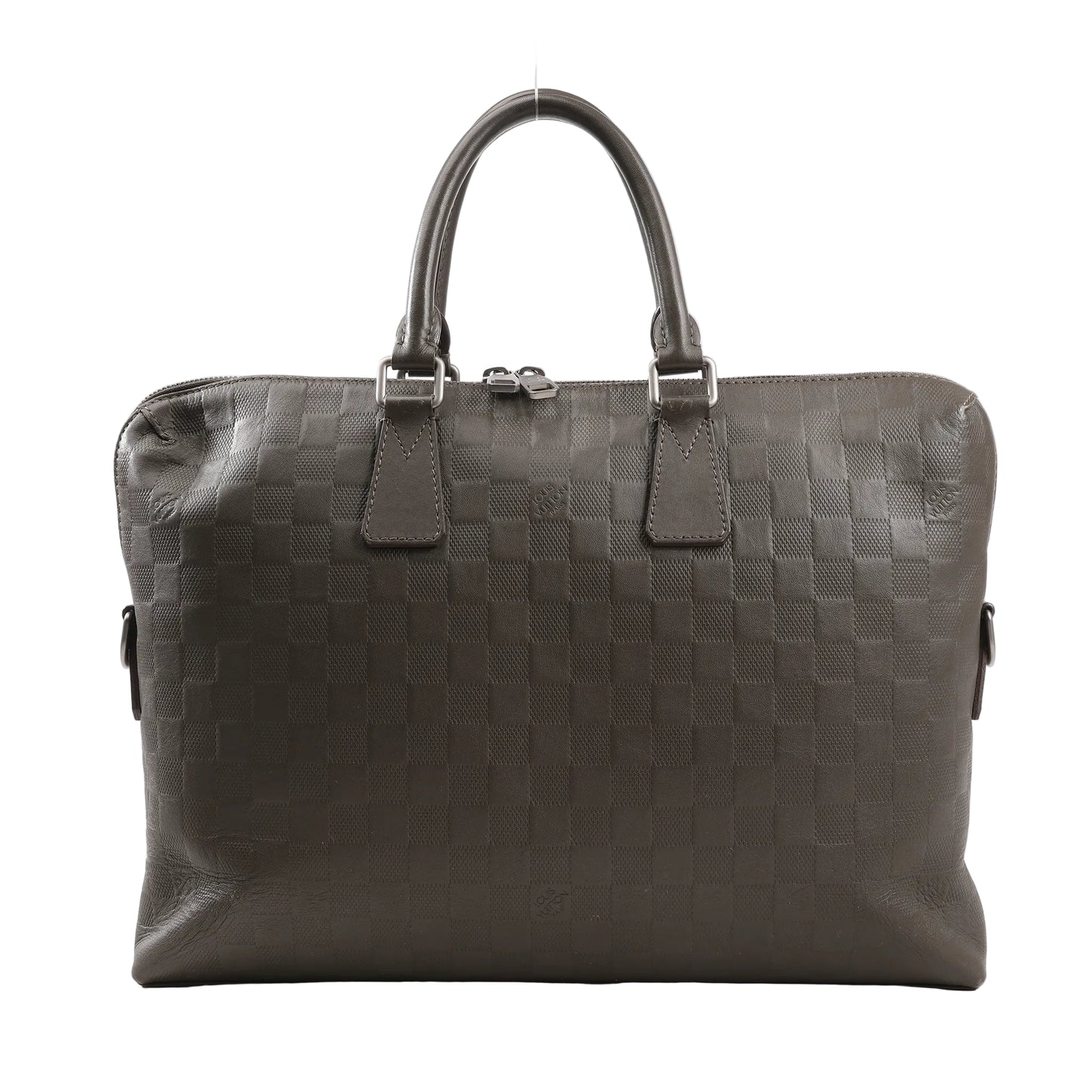 Louis Vuitton Damier Infini Porte-Documents Jour handbag in khaki green leather featuring embossed checkerboard pattern, dual top handles, and silver-tone hardware.