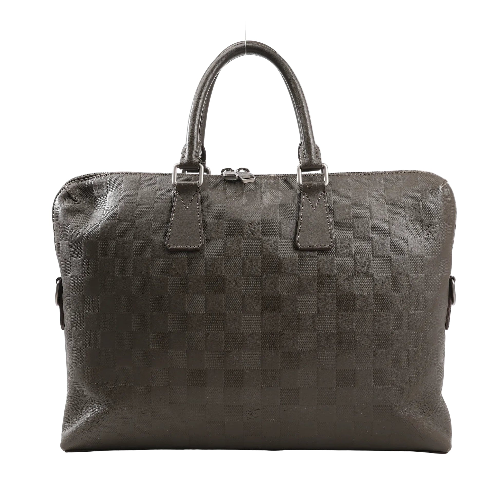 Louis Vuitton Damier Infini Porte-Documents Jour handbag in khaki green leather featuring embossed checkerboard pattern, dual top handles, and silver-tone hardware.