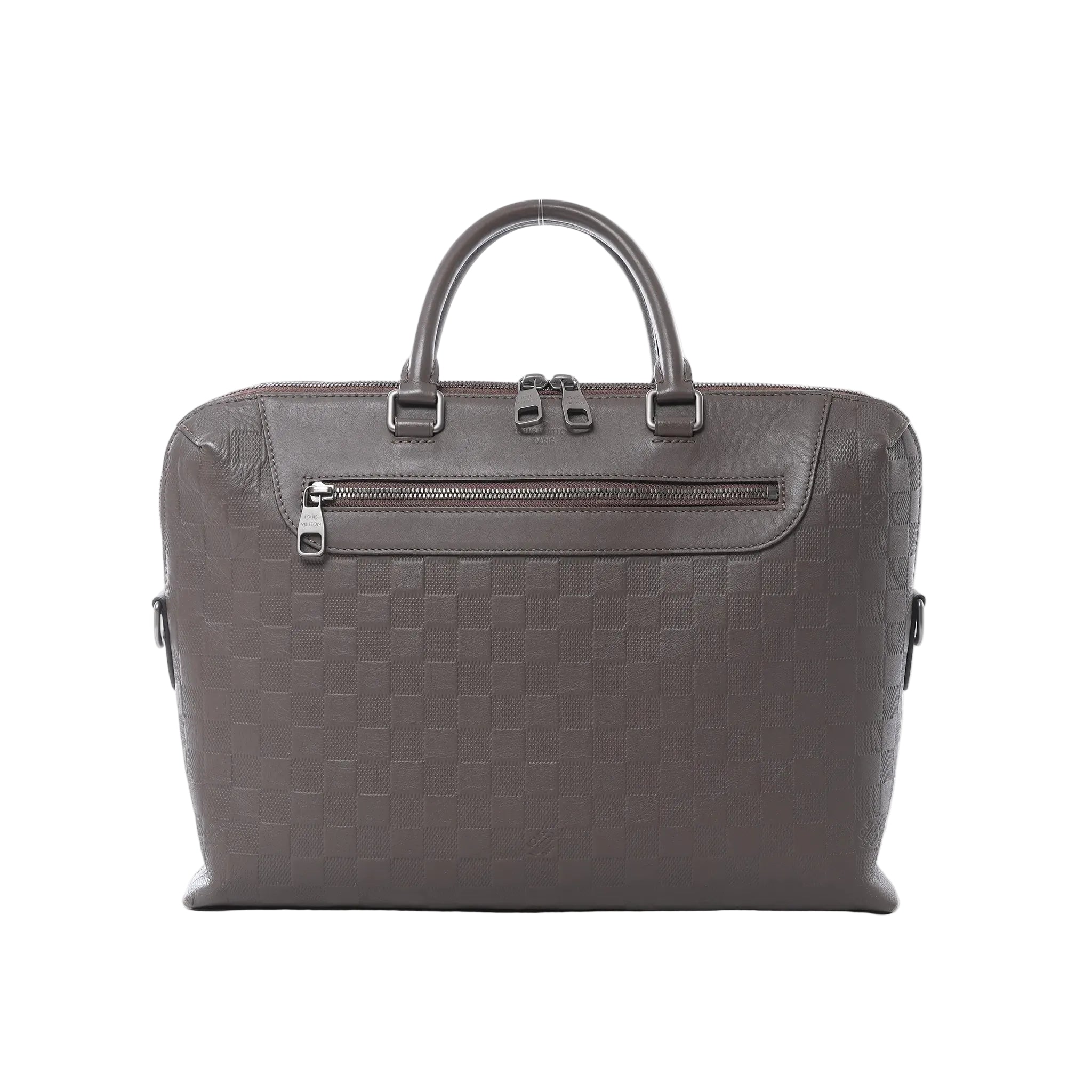 Front view of Louis Vuitton Porte-Documents Jour briefcase in brown Damier Infini embossed leather with top handles, double zip top closure, and front zip pocket with metal zipper pull.