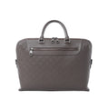 Front view of Louis Vuitton Porte-Documents Jour briefcase in brown Damier Infini embossed leather with top handles, double zip top closure, and front zip pocket with metal zipper pull.
