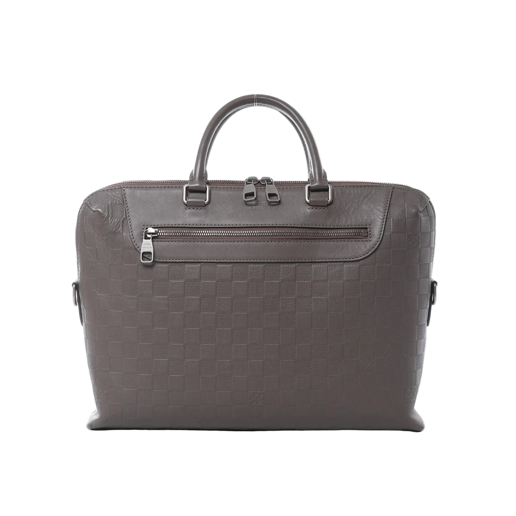 Front view of Louis Vuitton Porte-Documents Jour briefcase in brown Damier Infini embossed leather with top handles, double zip top closure, and front zip pocket with metal zipper pull.