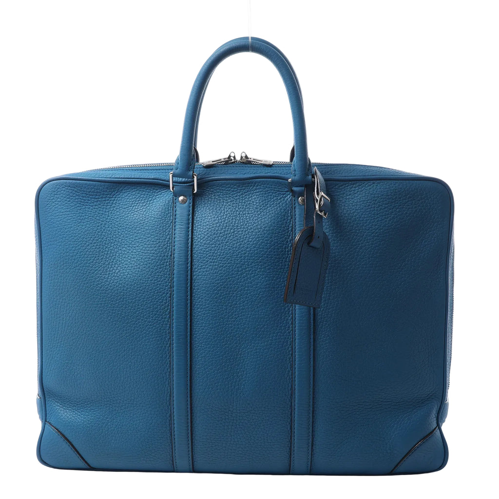 Louis Vuitton blue Taurillon leather document bag with rolled top handles, double zip closure, silver-tone hardware and hanging luggage tag.