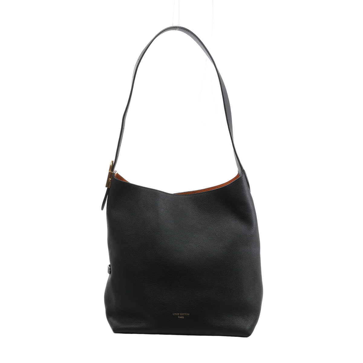 Black Louis Vuitton Low Key Hobo MM leather shoulder bag with a long strap, softly structured silhouette and subtle gold-tone detailing.