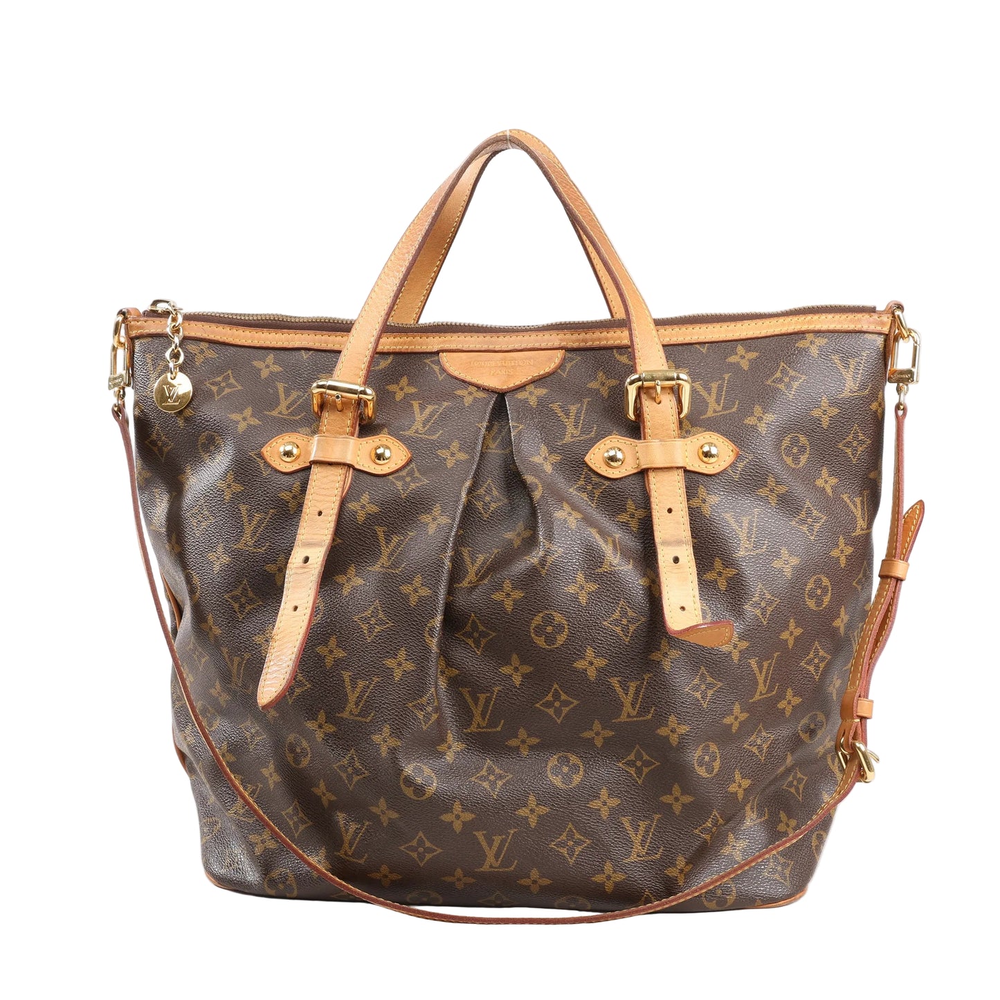Louis Vuitton Palermo GM 2Way Handbag M40146 in brown monogram canvas with natural leather trim, dual top handles, adjustable shoulder strap, and pleated front design on a white background.