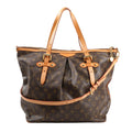 Louis Vuitton Monogram Palermo GM 2Way Handbag M40146 in brown coated canvas with classic LV monogram print, natural leather trim and handles, gold-tone hardware, pleated front design, and adjustable shoulder strap.