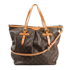 Louis Vuitton Monogram Palermo GM 2Way Handbag M40146 in brown coated canvas with classic LV monogram print, natural leather trim and handles, gold-tone hardware, pleated front design, and adjustable shoulder strap.