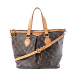 Louis Vuitton Palermo PM brown Monogram handbag with tan leather handles, detachable shoulder strap and gold-tone hardware.